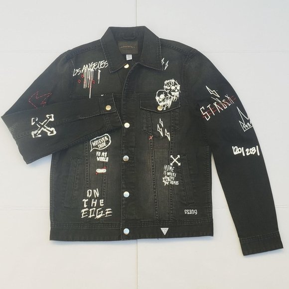 Guess Other - New GUESS Embroidered Black Denim Jacket sz M